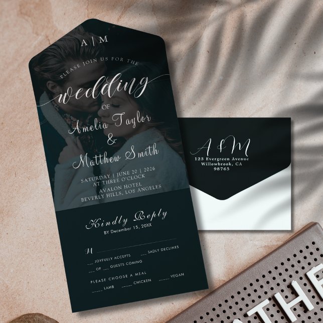 Elegantes Chic Foto Schwarz-Weiß-UAWG Wedding All In One Einladung (Elegant Chic Photo Black and White RSVP Wedding All In One Invitation)