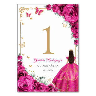 Elegantes Chic Fuchsia Rosa Rosen Gold Quinceanera Tischnummer