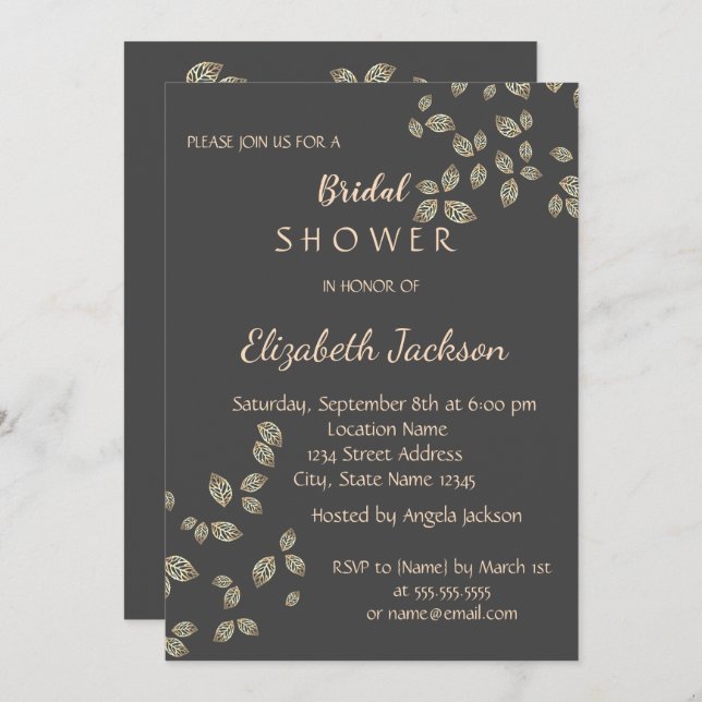 Elegantes Chic Gold Blätter Brautparty Einladung (Vorne/Hinten)