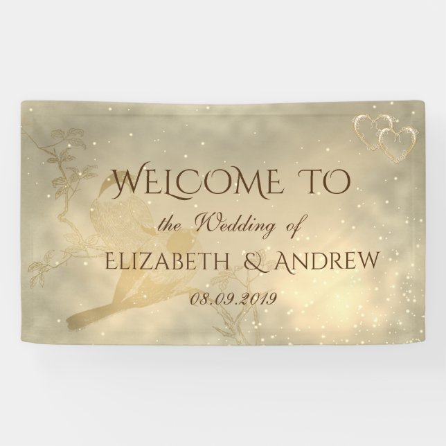 Elegantes Chic Gold Hearts, Birds Wedding Banner (Horizontal)