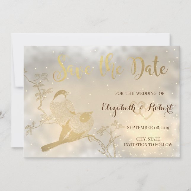 Elegantes Chic Gold Hearts, Vögel Save the Date (Vorderseite)
