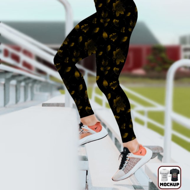 Elegantes Chic Gold und Schwarz Floral Botanical Leggings (Von Creator hochgeladen)