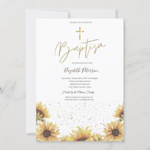 Elegantes Chic Goldkreuz Sonnenblumen Taufe Einladung