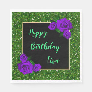Elegantes Chic Grün Glitter Lila Rosen Geburtstag Serviette