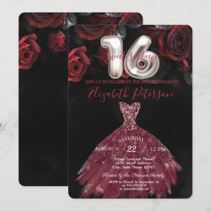 Elegantes Chic-Kleid rote Rosen Sweet 16 Party Einladung