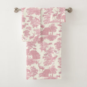 Elegantes Chic Light Pink Toile Deer Woodland Badhandtuch Set