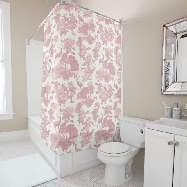 Elegantes Chic Light Pink Toile Deer Woodland Duschvorhang (Beispiel)