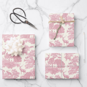 Elegantes Chic Light Pink Toile Deer Woodland Geschenkpapier Set