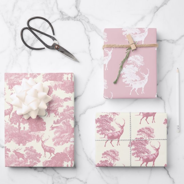 Elegantes Chic Light Pink Toile Deer Woodland Geschenkpapier Set (Vorderseite)