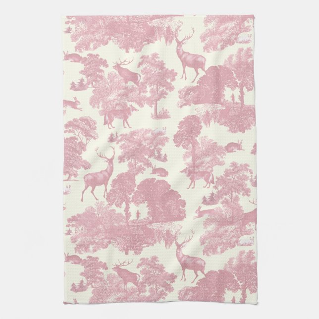 Elegantes Chic Light Pink Toile Deer Woodland Geschirrtuch (Vertikal)