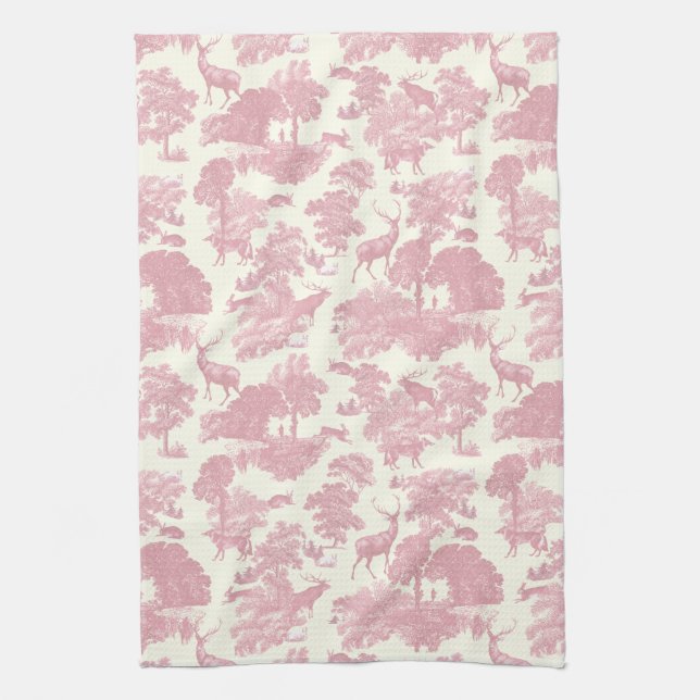Elegantes Chic Light Pink Toile Deer Woodland Geschirrtuch (Vertikal)