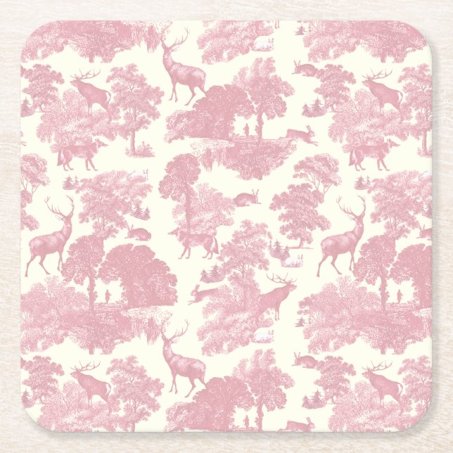 Elegantes Chic Light Pink Toile Deer Woodland Rechteckiger Pappuntersetzer (Vorderseite)