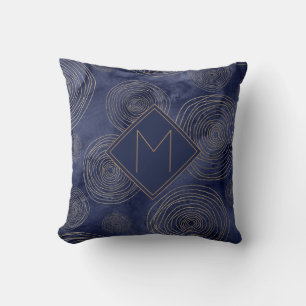 Elegantes Chic Navy Blue Gold Watercolor Monogramm Kissen