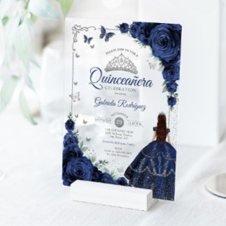 Elegantes Chic Navy-Rosen Silber Quinceanera  Acryleinladungen