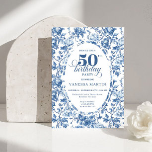 Elegantes, chic Navy Toile de Jouy Rose 50. Geburt Einladung