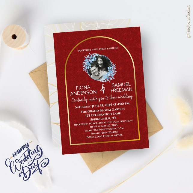 Elegantes Chic Red Gold Custom Foto Hochzeit Einladung (Von Creator hochgeladen)