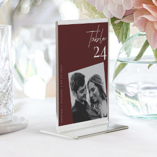 Elegantes Chic Red Plum Burgundy Wedding Foto Tischnummer