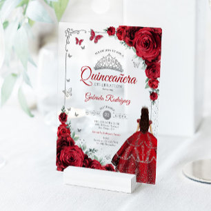 Elegantes Chic roten Rosen Silber Quinceanera Acryleinladungen