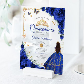 Elegantes Chic Royalblaue Rosen Goldene Quinceaner Acryleinladungen