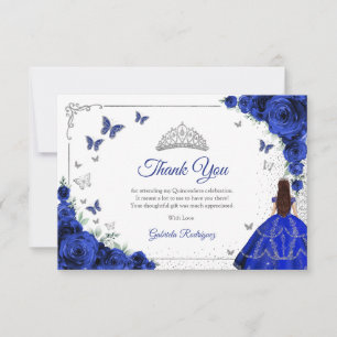 Elegantes Chic Royalblaue Rosen Silber Quinceanera Dankeskarte