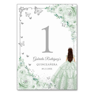 Elegantes Chic Salbei-Grün-Rosen-Silber-Quinceaner Tischnummer