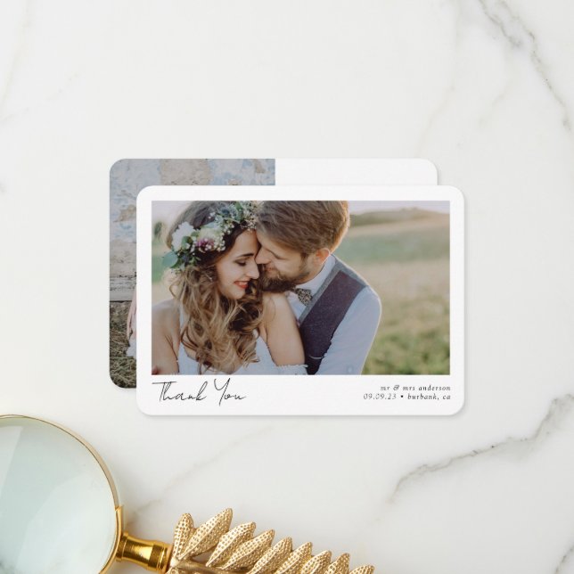 Elegantes Chic Script Wedding Foto Dankeskarte (Vorderseite/Rückseite Beispiel)
