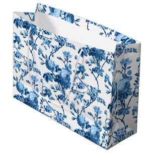 Elegantes Chic Vintage Blaues Rosenblütenmuster Große Geschenktüte