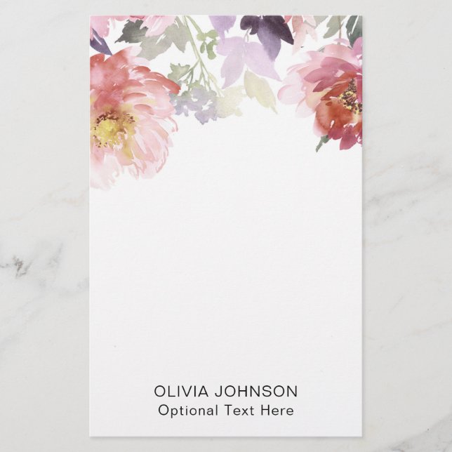 Elegantes Chic Wasserfarben-Blumenmonogramm Name Briefpapier (Vorderseite)