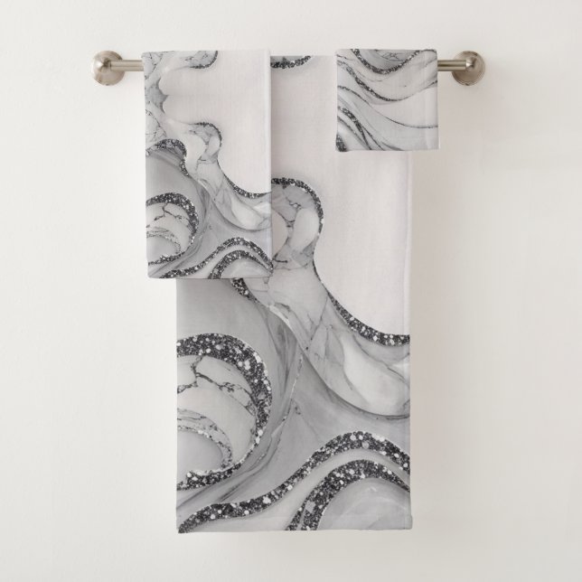 Elegantes Chic Weiß Grau Silber Marmormuster Badhandtuch Set (Insitu)