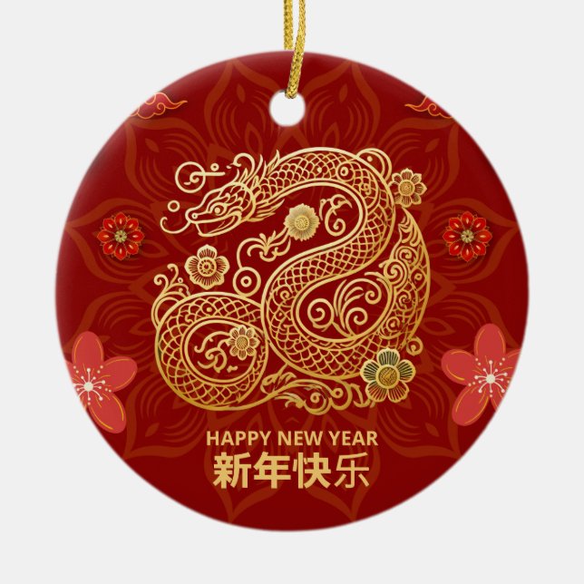 Elegantes chinesisches Neujahr mit Goldschlange Keramik Ornament (Vorne)