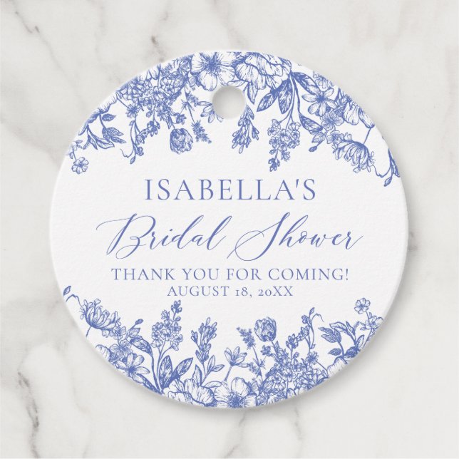 Elegantes Chinoise Dusty Blue Floral Brautparty Geschenkanhänger (Vorderseite)