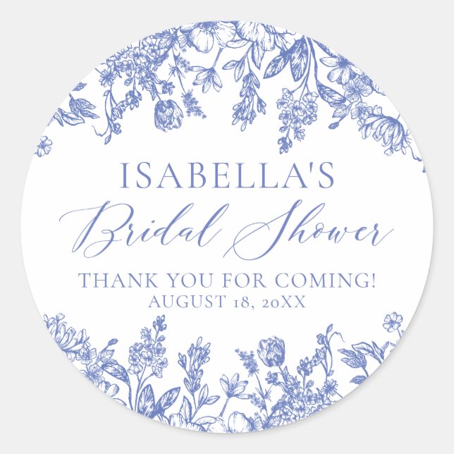 Elegantes Chinoise Dusty Blue Floral Brautparty Runder Aufkleber (Vorderseite)