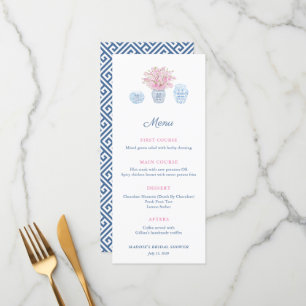 Elegantes Chinoiserie Navy & Pink Brautparty Menu Menükarte