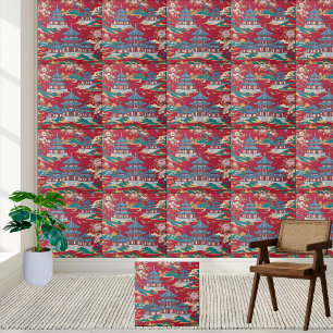 Elegantes Chinoiserie Pagoda und Blumenmuster Tile Fliese