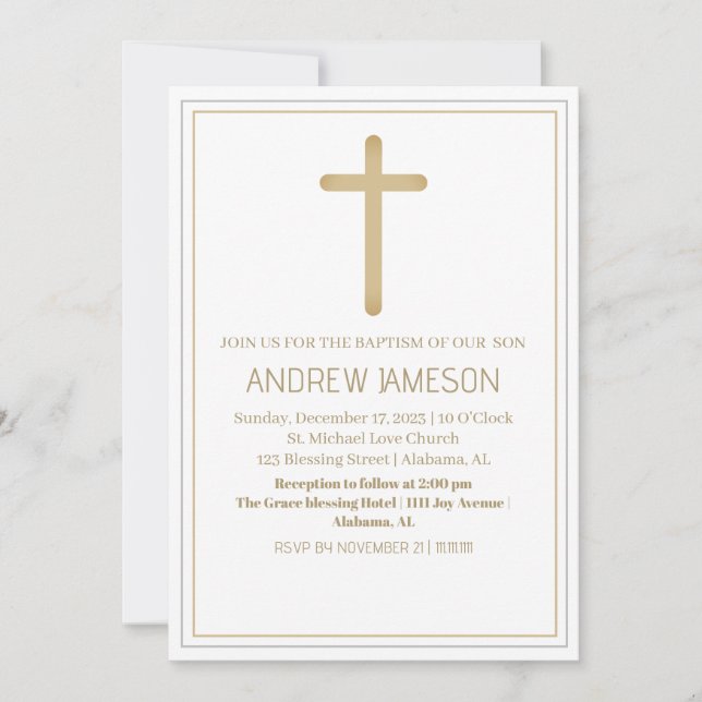 Elegantes Christliches Blue-Gold-Cross | Taufe Einladung (Vorderseite)