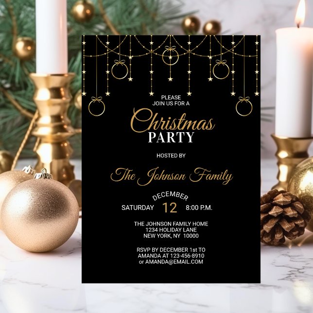 Elegantes CHRISTMAS PARTY Black Gold Glitzer Stars Einladung (Holiday CHRISTMAS PARTY  Black Gold Glitter Stars Invitation | Corporate Business)