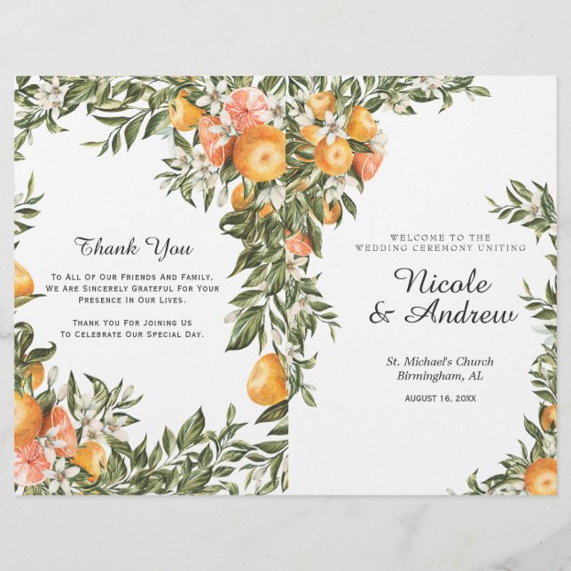 Elegantes Citrus Orchard Folded Wedding Programm (Vorderseite)