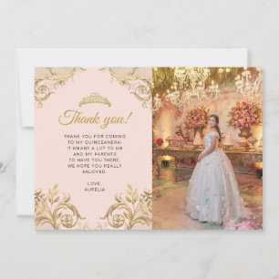 Elegantes Classic Blush Pink Gold Foto Quinceñera Dankeskarte