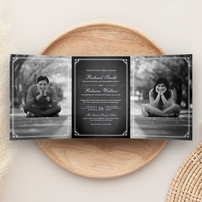 Elegantes Classic Chalkboard Foto Hochzeit Dreifach Gefaltete Einladung (Von Creator hochgeladen)