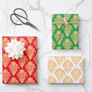Elegantes Classic Damask Muster Red Green Gold Geschenkpapier Set