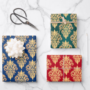 Elegantes Classic Damask Muster Rot Blau und Grün Geschenkpapier Set