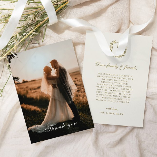 Elegantes Classic Gold Wappen Monogram Foto Weddin Dankeskarte (Von Creator hochgeladen)