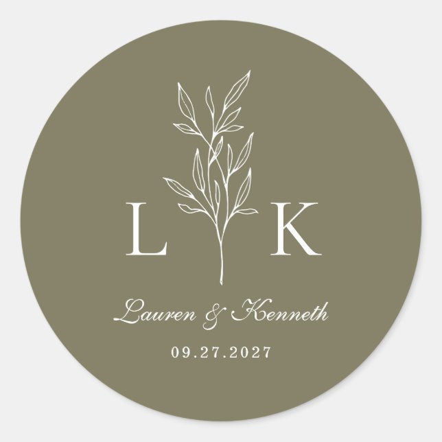 Elegantes Classic Leaf Monogram Wedding Olive Gree Runder Aufkleber (Vorderseite)
