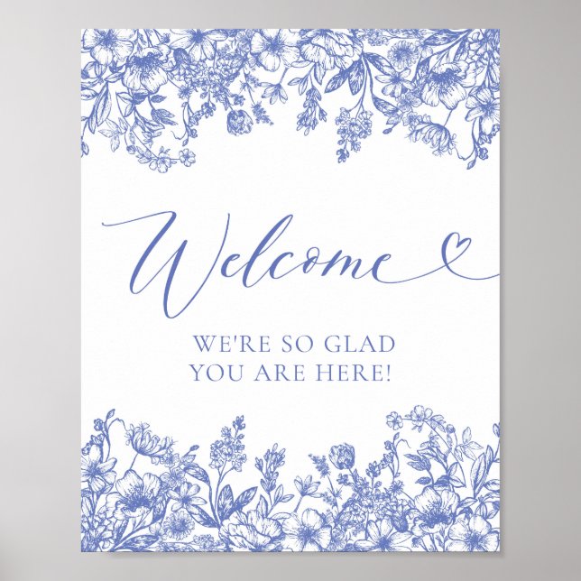 Elegantes Classic Vintag Blue Floral Begrüßungszei Poster (Vorne)