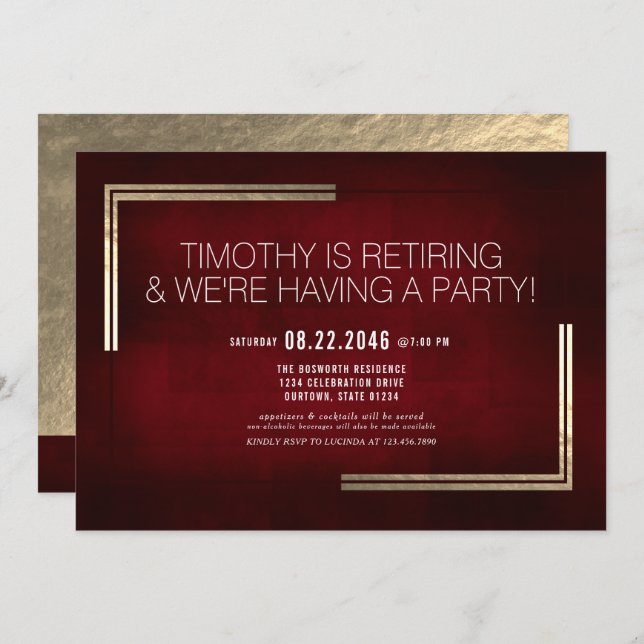 Elegantes Classy Red/Gold Retirement Party Einladung (Vorne/Hinten)