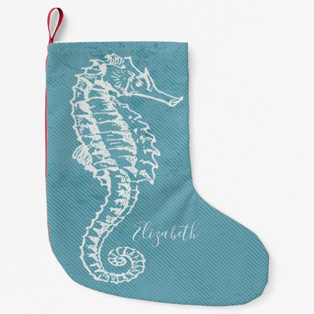 Elegantes Coastal Beach Sea Horse Monogramm Kleiner Weihnachtsstrumpf (Vorderseite)