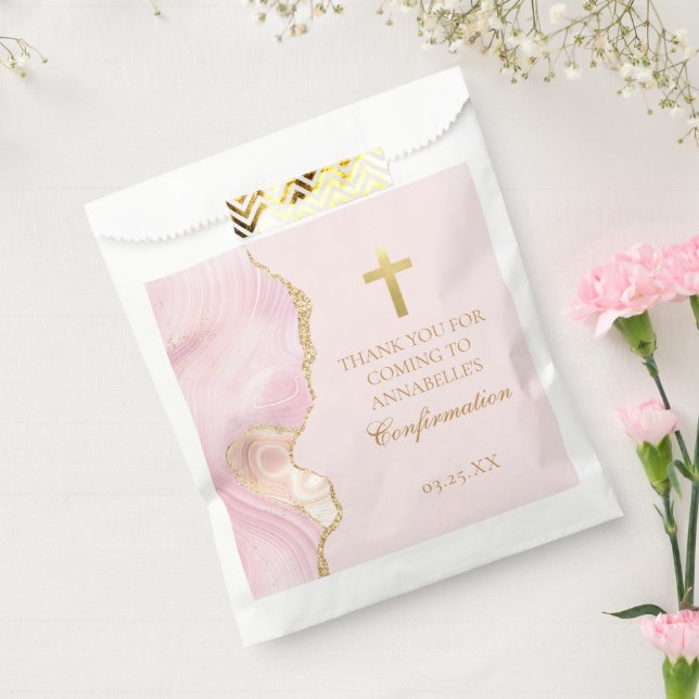 Elegantes Confirmation Cross Pink Gold Agate Party Geschenktütchen (Versiegelt)