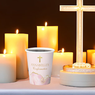 Elegantes Confirmation Cross Pink Gold Agate Party Pappbecher
