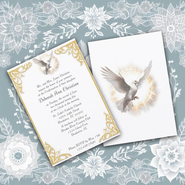 Elegantes Confirmation Gold Frame Dove Design Einladung (Von Creator hochgeladen)
