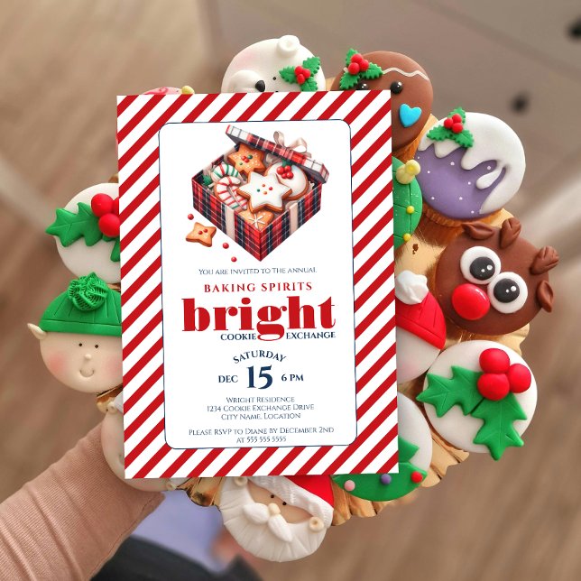 Elegantes Cookie Exchange Party Blau Rot Einladung (Baking spirits bright cookie exchange party invitation front view.)